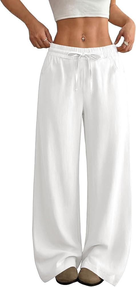 SEMARO Womens Casual Linen Wide Leg Pants Flowy Drawstring High Waist Palazzo Beach Vacation Trou... | Amazon (US)