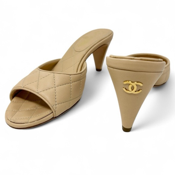 Chanel Quilted Lambskin CC Mules Beige Open Toe Mid Heel Size 39 | Poshmark