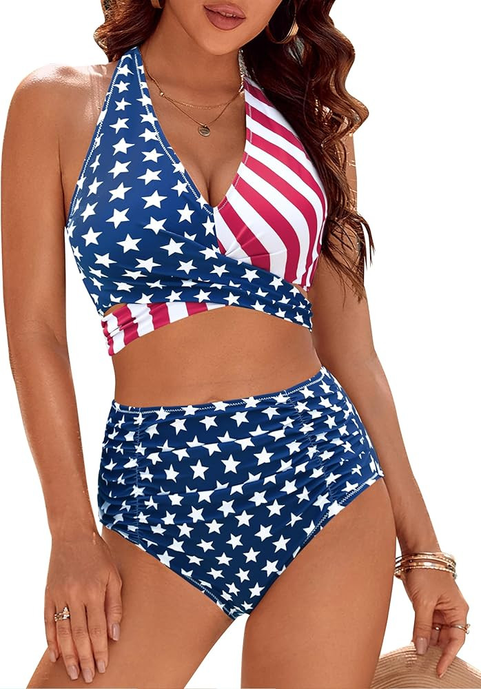 Blooming Jelly Womens Tummy Control Bathing Suits Modest High Waisted Bikini Sets Cute Halter 2 P... | Amazon (US)