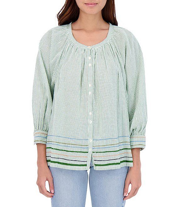 Murello Ada Embroidered 3/4 Blouson Sleeve Stripe Cotton Top | Dillard's