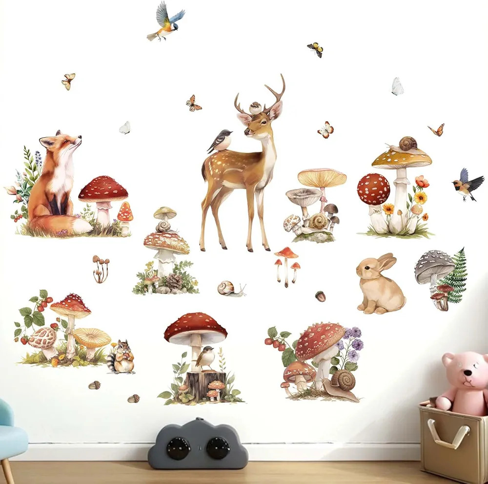 Woodland Animal Wall Decals - Mushroom Deer Fox Rabbit Forest Wall Stickers - Baby Nursery Kids G... | Amazon (US)