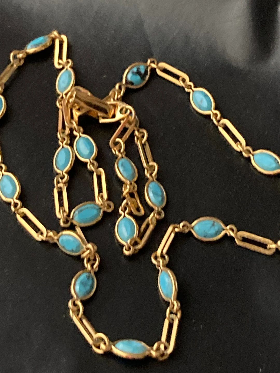 Vintage signed Gold tone chain necklace with bezel set turquoise beads | Etsy (US)