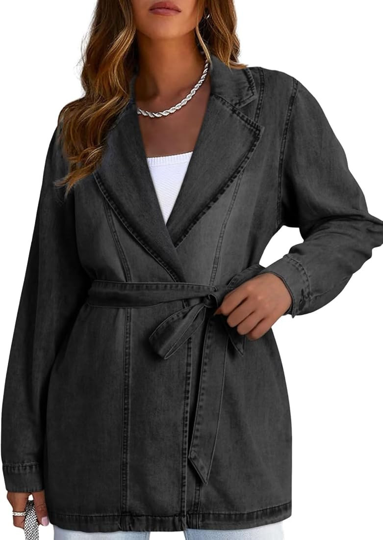 Dokotoo Fall Jackets for Women Jean Jacket for Women Lapel Belted Denim Jacket Ladies Stretchy Ja... | Amazon (US)
