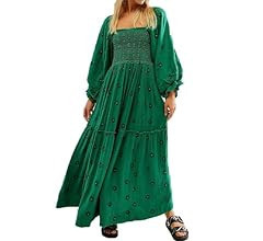 ABYOVRT Women Floral Embroidered Maxi Dress Long Puff Sleeve Square Neck Bohemian Flowy Dress wit... | Amazon (US)