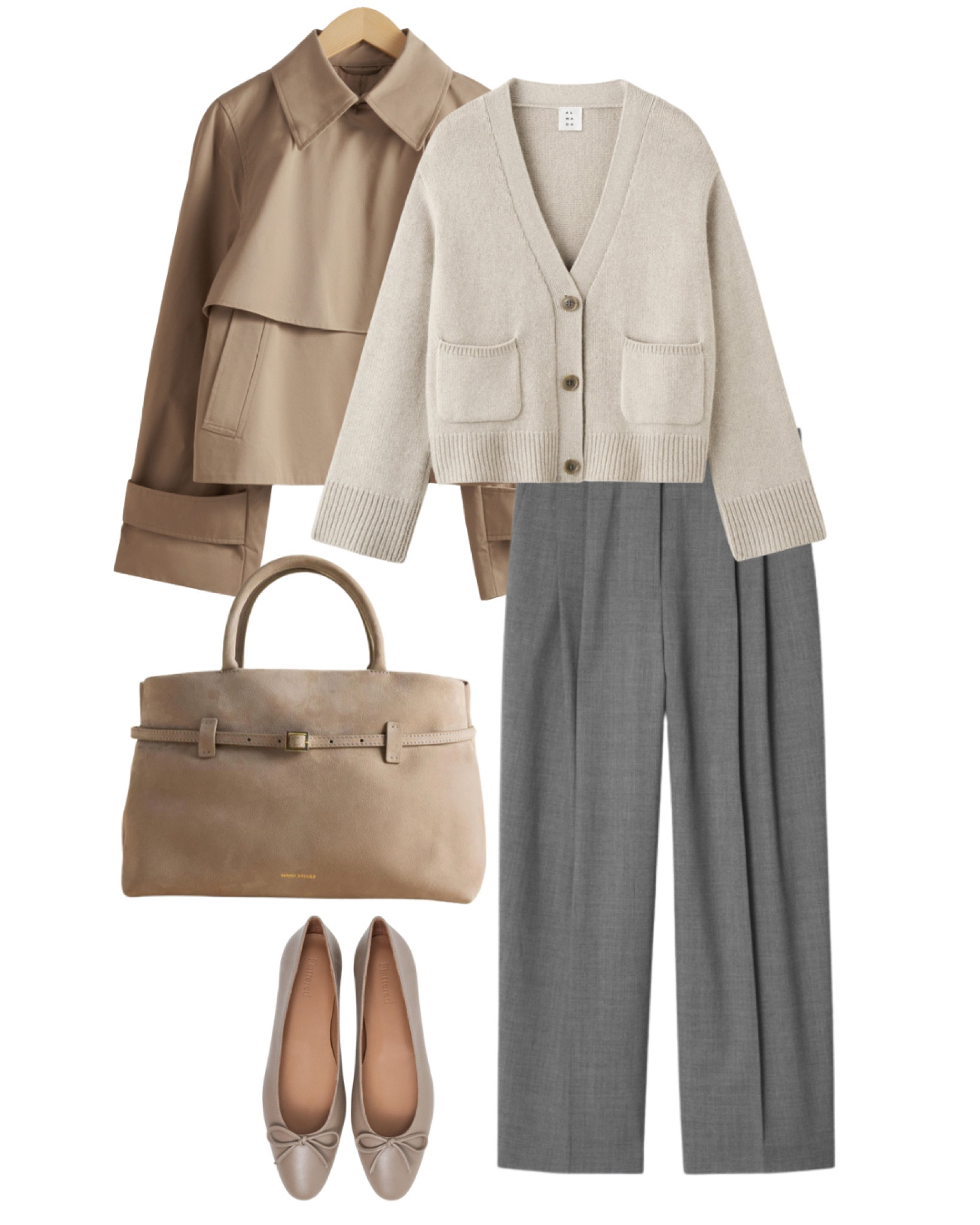 Trench jacket, wool cardigan, grey trousers, taupe ballet flats, fall outfits 

#LTKStyleTip #LTKFallSale #LTKOver40