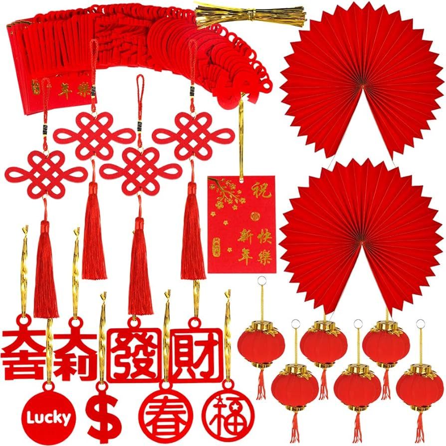 Winlyn 86 Pcs Chinese New Year Decorations Chinese Hanging Good Luck Ornaments Red Lanterns Festi... | Amazon (US)