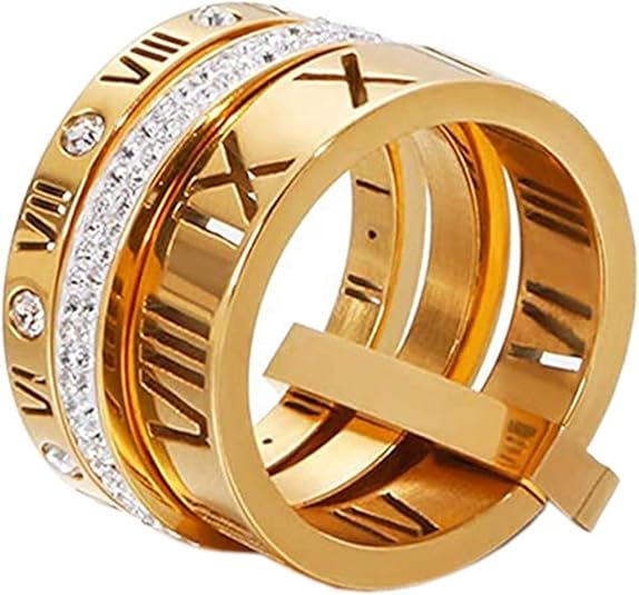 PAMTIER Women's Stainless Steel with Zirconia Roman Numerals 3 in 1 Ring | Amazon (US)