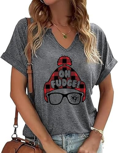 Christmas Shirt for Women Xmas V Neck Graphic T Shirts Casual Holiday Tee Festival Gifts Tops Blouse(TE-GR04,Medium) | Amazon (US)