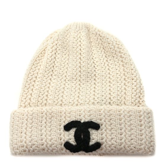 Chanel Cashmere CC Beanie Hat White Black | FASHIONPHILE (US)