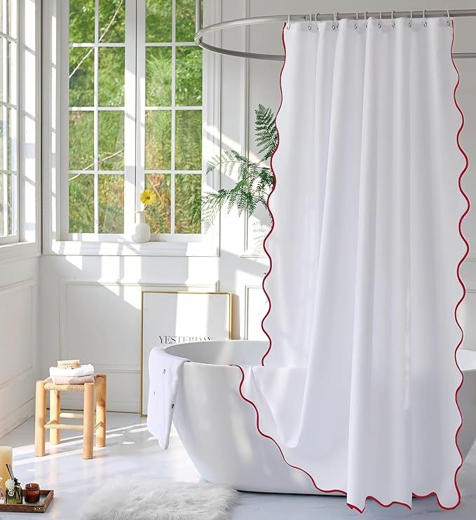 youngseahome White Fabric with Red Scalloped Border Shower Curtain,Boho Chic Cloth Shower Curtain... | Amazon (CA)