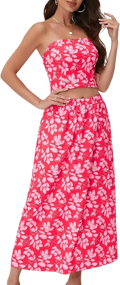DRESSTELLS Women's Summer 2 Piece Skirt Set, Floral Crop Top and Maxi Boho Sundress Beach Tropica... | Amazon (US)