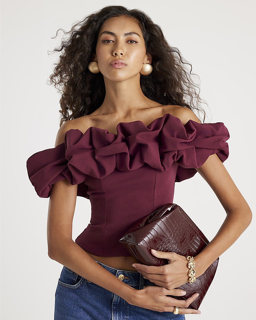 Red Sleeveless Ruffle Bardot Top | River Island UK & IE