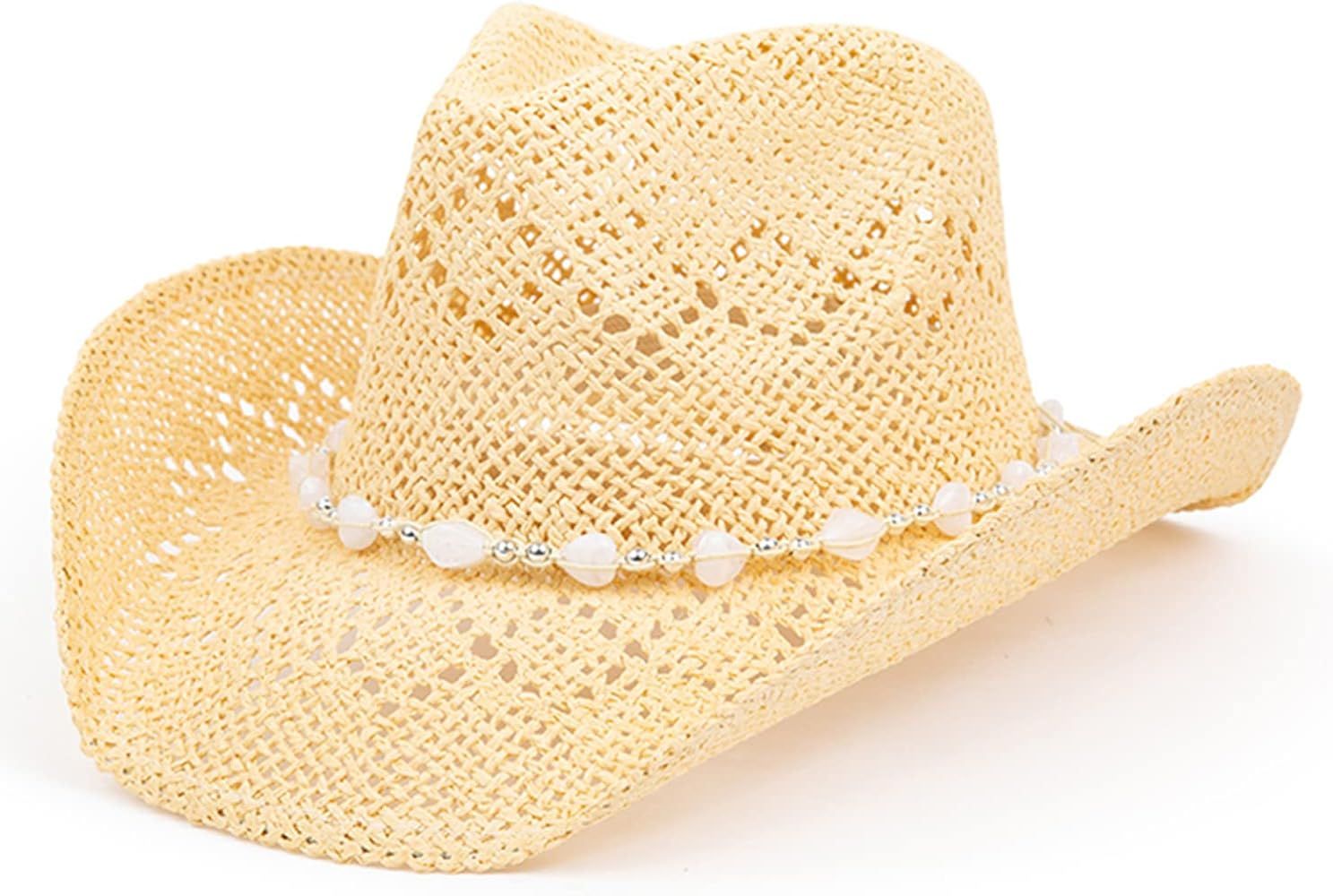 Western Cowgirl Hat, Straw Cowboy Hat for Women with Shapeable Brim, Beaded Hearts Trim, Shapeabl... | Amazon (US)