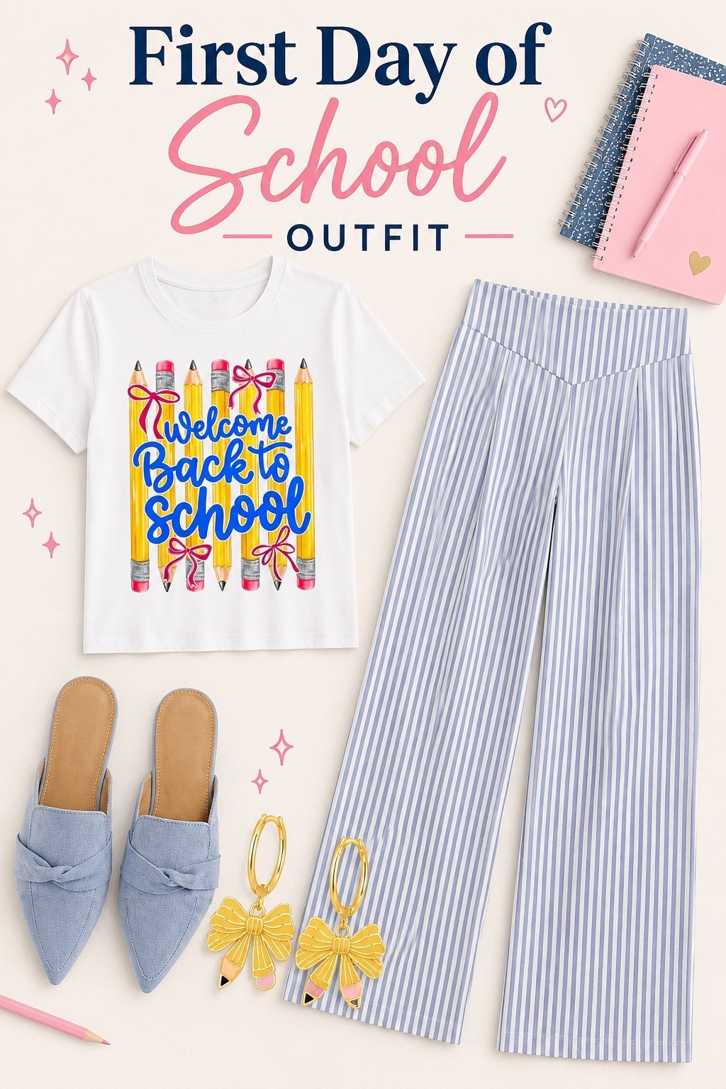 The perfect first day of school teacher outfit is equal parts cute, comfortable, and classroom appropriate! I love how these blue striped wide-leg pants pair with the colorful back-to-school graphic tee for a fun teacher look that’s polished without feeling too dressy. Add the blue mules and pencil bow earrings to tie everything together for an outfit that’s perfect for elementary teachers, middle school teachers, high school teachers, meet-the-teacher night, or the first week back. As the weather cools down, throw on a denim jacket or lightweight cardigan and you’ll be able to wear these pieces all school year long. This is one of those teacher outfits that is comfortable enough for a full day on your feet but still makes getting dressed for school feel fun!

#LTKgrwm #LTKWorkwear