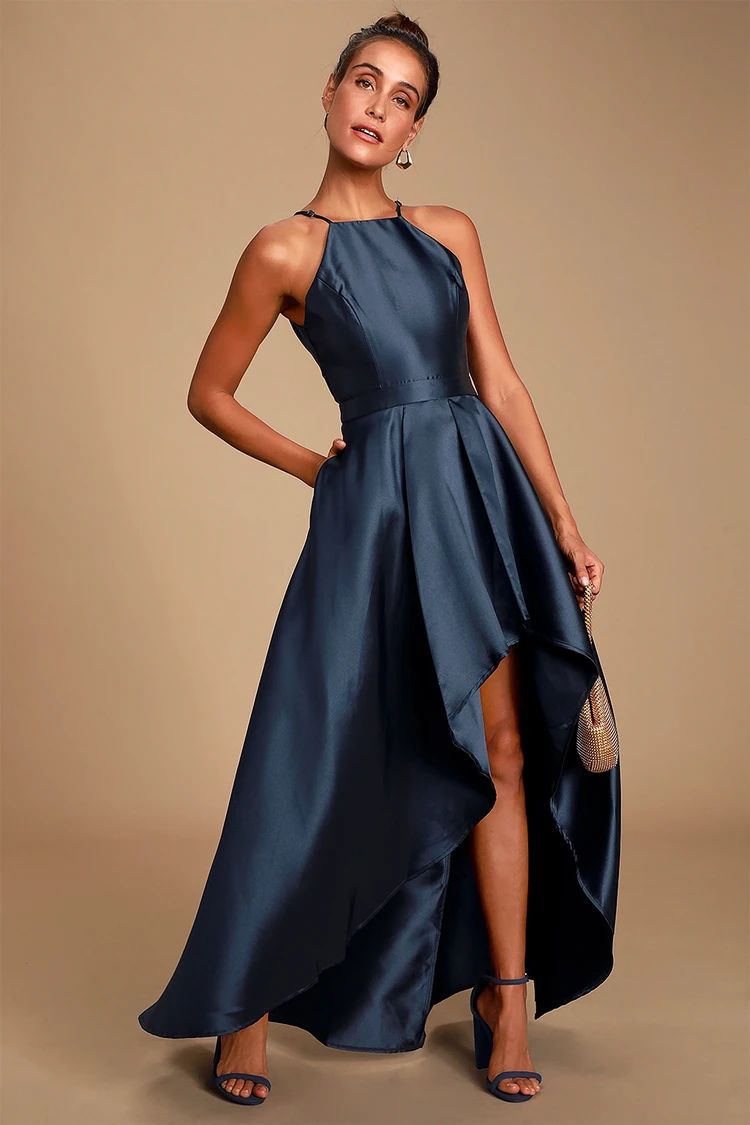 Broadway Show Navy Blue High-Low Maxi Dress Fall Wedding Guest Dress Winter  | Lulus (US)