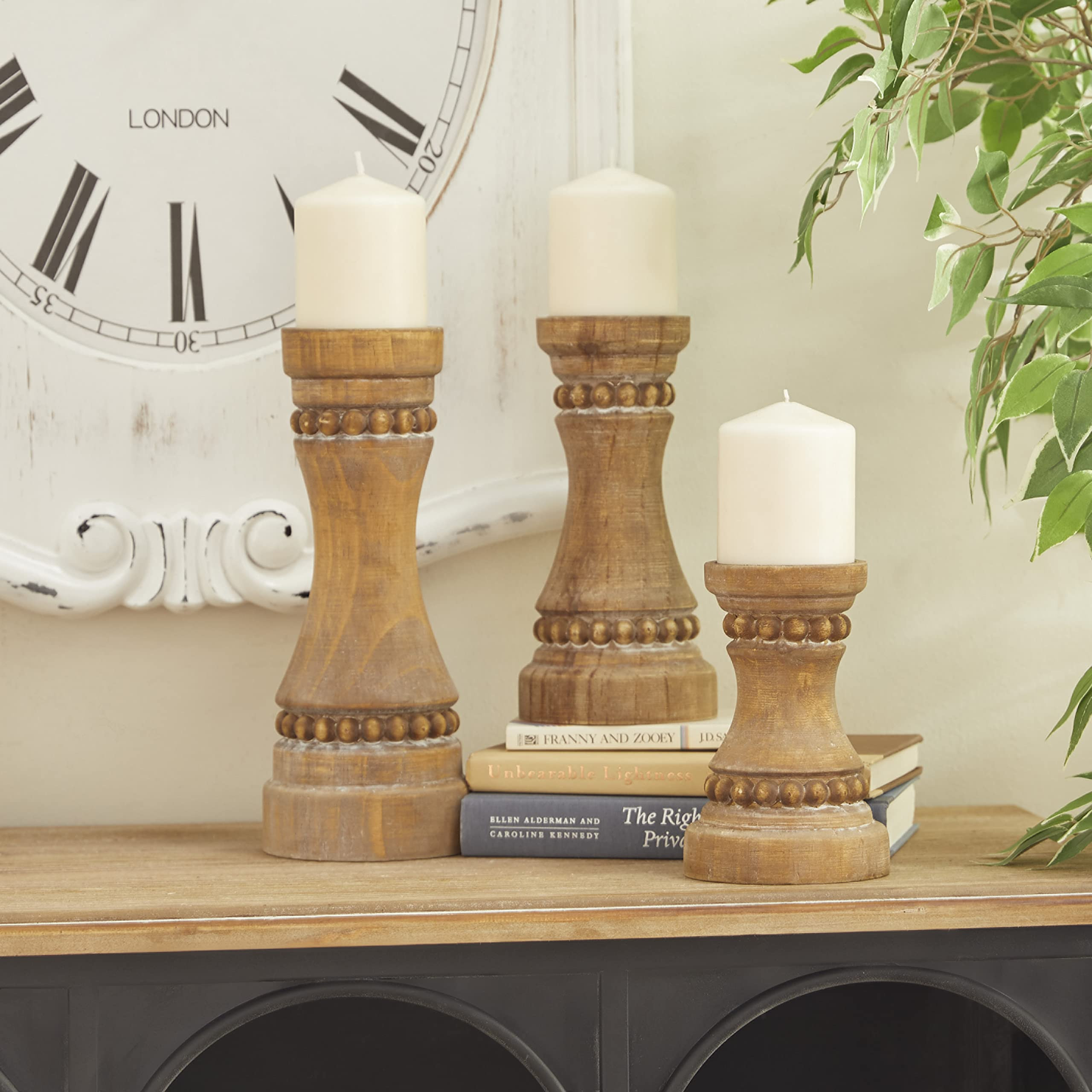 Deco 79 Wood Beaded Pillar Candle Holder, Set of 3 12", 9", 7"H, Brown | Amazon (US)