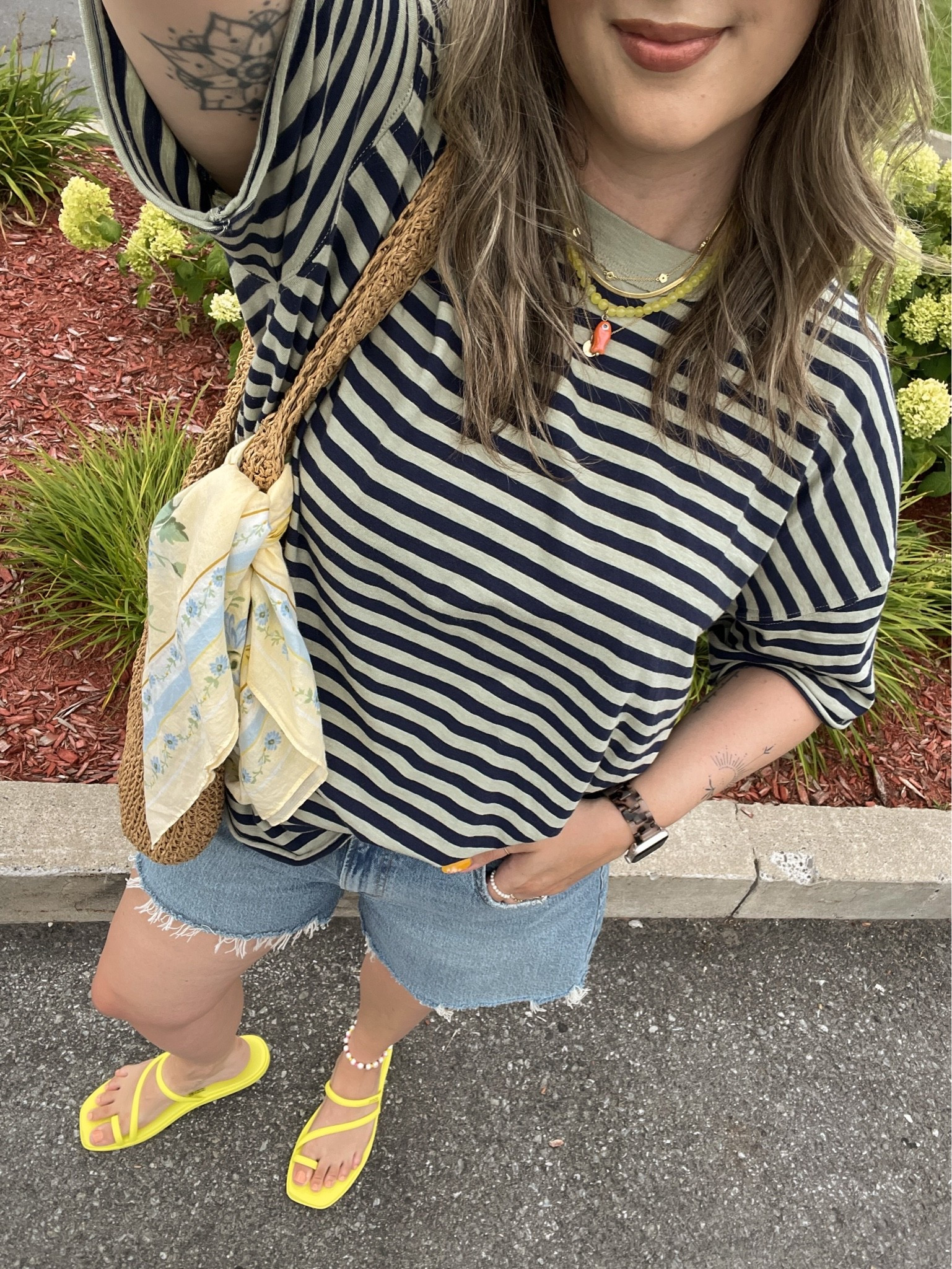 Comfy summer outfit! Wearing L in the striped tee, sized up to 32 in the denim shorts for a loose fit. I’m a 9.5-10 shoe and wear a 10 in the crocs sandals

#LTKsummer #LTKsale #LTKmidsize