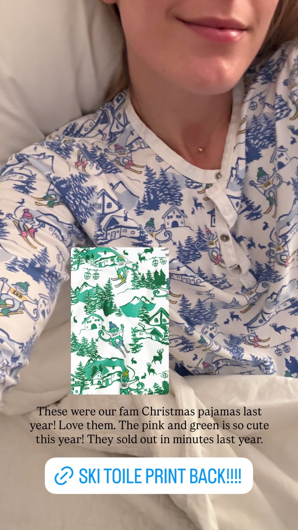 These were our fam Christmas pajamas last year! Love them. The pink and green is so cute this year! They sold out in minutes last year.