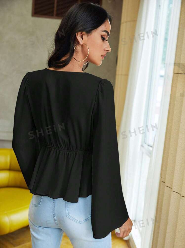 SHEIN VCAY Tie Front Ruffle Hem Bell Sleeve Black Top | SHEIN