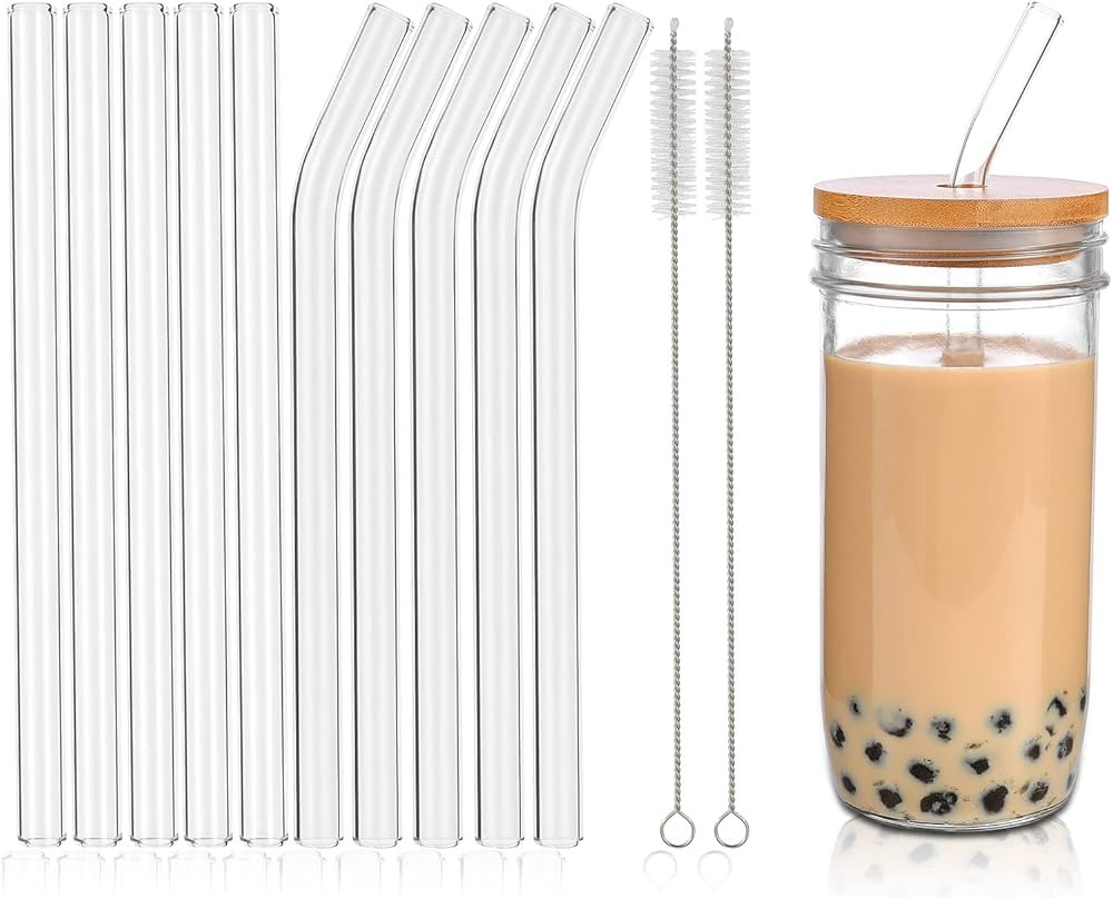 10 Pcs Reusable Glass Boba Straws,9''x14 mm Wide Glass Drinking Straws Jumbo Smoothie Straws for ... | Amazon (US)