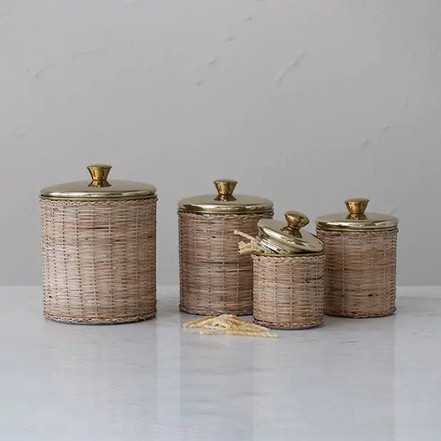 Rattan Wrapped Storage Canisters Set of 4 | Antique Farm House