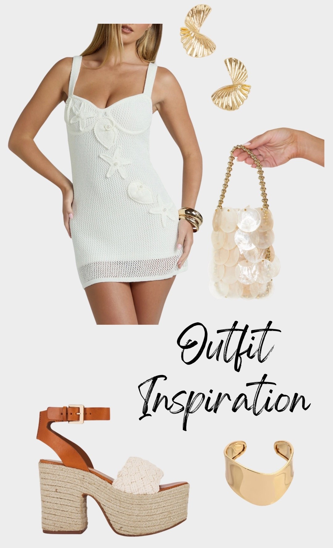 Beach vacation, tropical vacation, outfit inspiration, vacation outfit, island vacation, Florida outfit, island outfit, beachy outfit, wedges, wedge heel, shell dress, shell purse, shell bag, shell earrings, gold earrings, statement earrings 

#LTKBeauty #LTKTravel #LTKootd