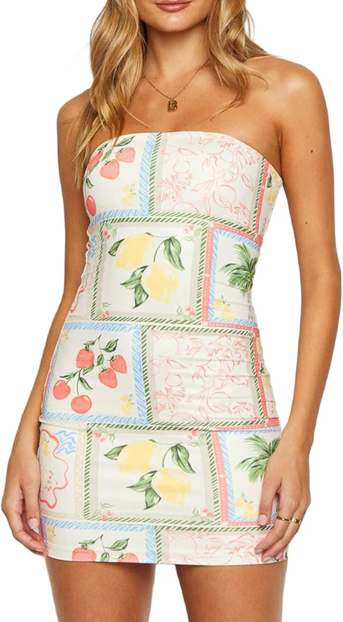 Fanvereka Summer Sexy Floral Tube Dress Y2K Strapless Bodycon Mini Dress Short Bandeau Dress for ... | Amazon (US)