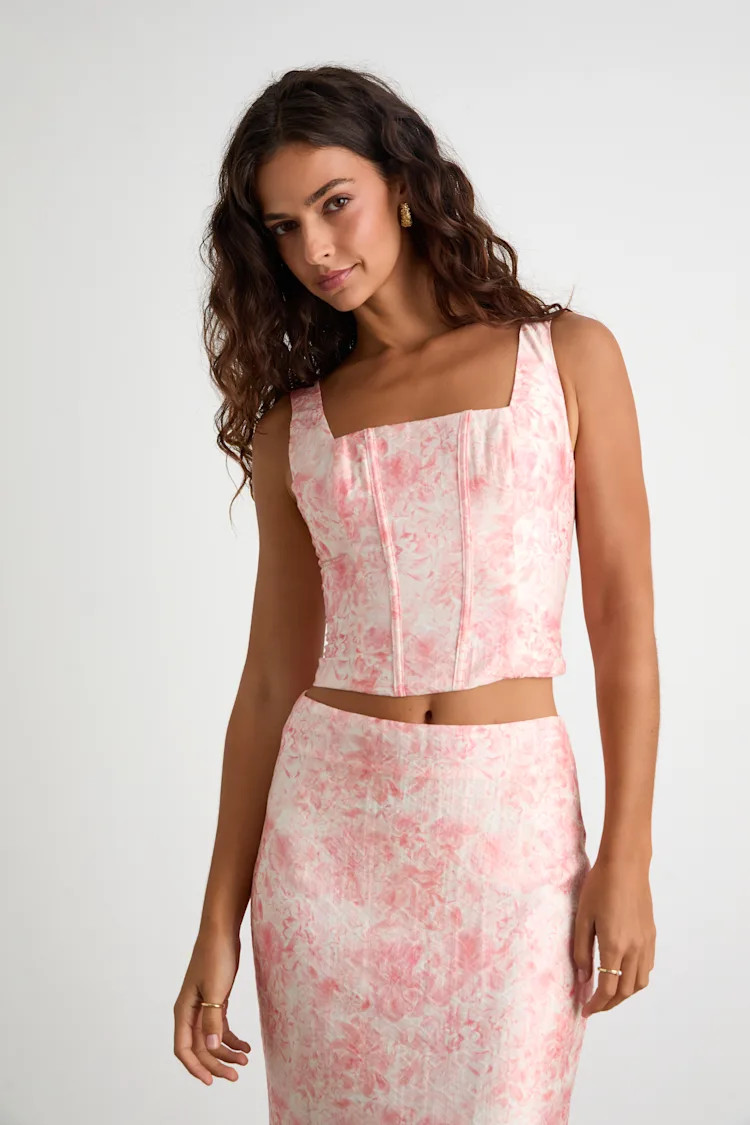 Lynelle Pink Floral Textured Sleeveless Bustier Top | Lulus