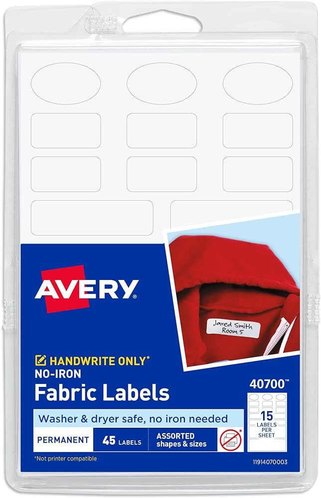 Avery No-Iron Fabric Labels, Assorted Shapes and Sizes, Washer and Dryer Safe, Non-Printable, 45 ... | Amazon (US)