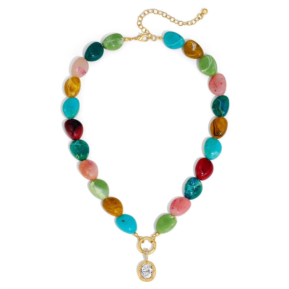 Colorful Resin Beaded Necklace for Women, Gold Plated Chunky Necklace with CZ Pendant, Boho State... | Amazon (US)