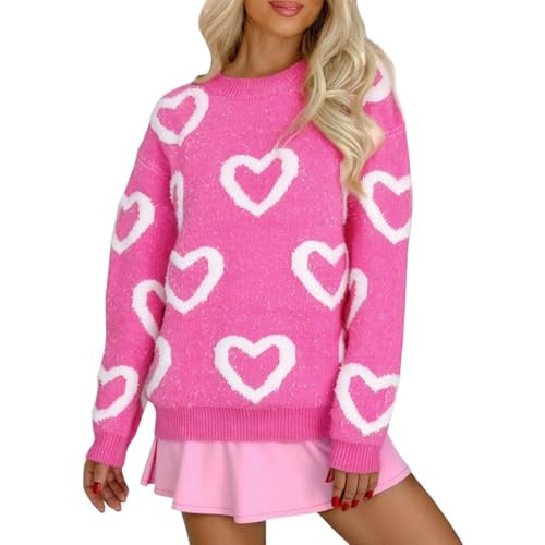 Women Valentines Day Sweater Long Sleeve Embroidery Heart Sweater Oversized Knitted Pullover Jumper Tops (Heart Rose Red, L) | Amazon (US)