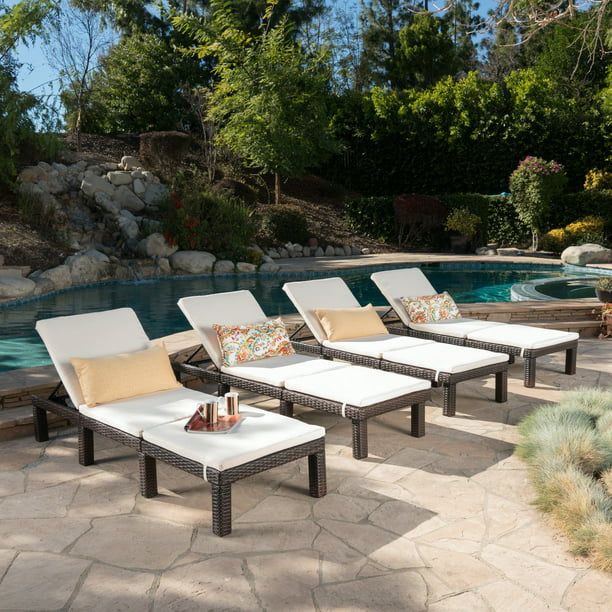 Corinne Outdoor Wicker Chaise Lounge with Cushion, Set of 4, Multibrown, Cream | Walmart (US)