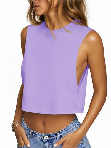 Fisoew Womens Workout Cropped Tank Tops Boxy Loose Fit Casual Sleeveless Shirts Athletic Crew Neck Summer Basic Tees Purple | Amazon (US)