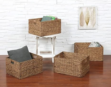 eHemco Rectangular Hand-Woven Foldable Water Hyacinth Storage Baskets with Iron Wire Frame- Set o... | Amazon (US)