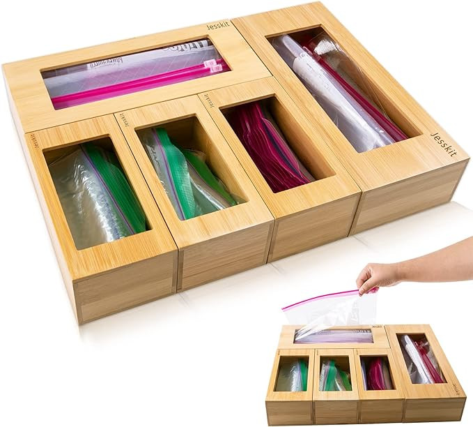 Jesskit Bamboo Ziplock Bag Storage Organizer for Kitchen Drawer, 5 Pieces Food Storage Bag Holder... | Amazon (US)