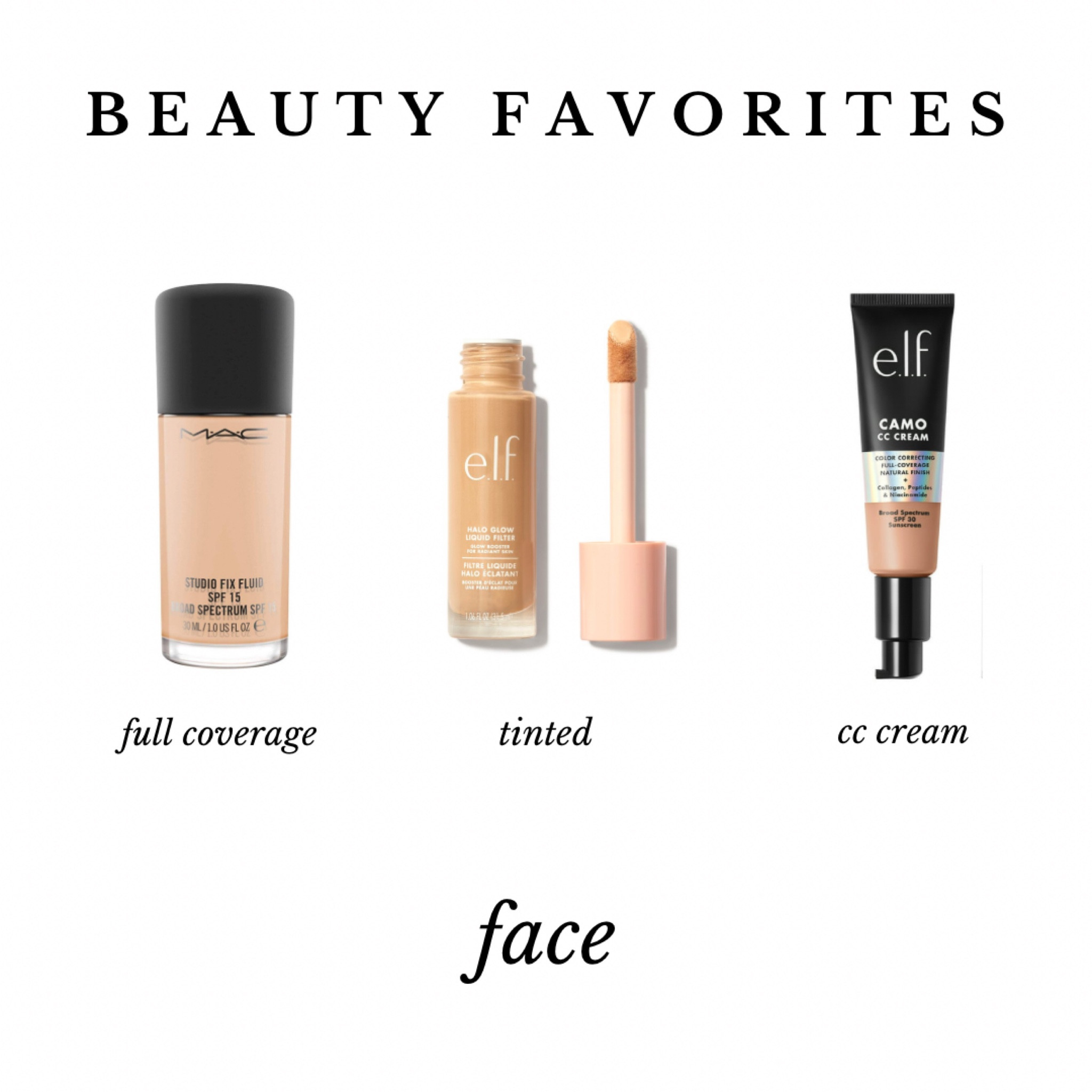 Some of my favorite face products! 

Studio Fix - Mac Cosmetics 
Halo Glow Liquid Filter - Elf Cosmetics 
CC Cream - Elf Cosmetics 

#LTKbeauty #LTKunder50 #LTKstyletip