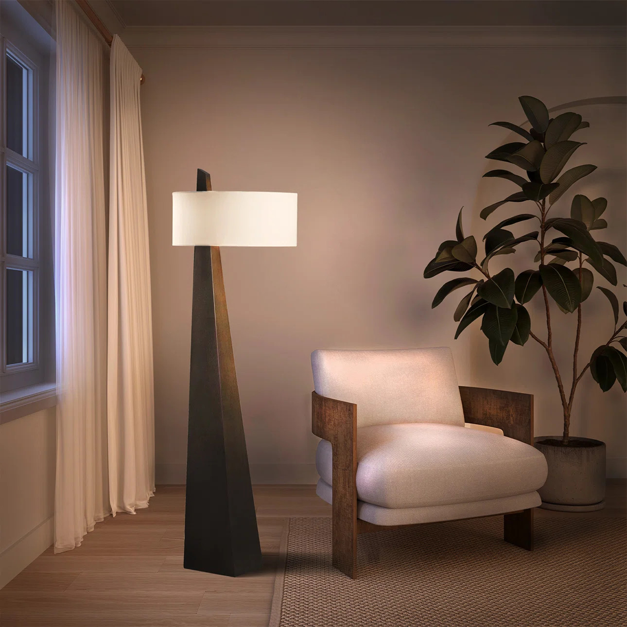 Obelisk Floor Lamp - 63", Chestnut Wood, White Cotton-Linen Shade | Wayfair North America