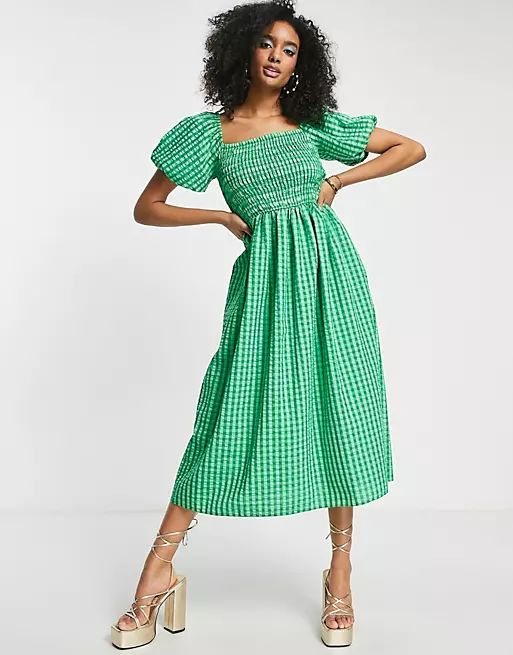 Never Fully Dressed textured smock midi dress in green gingham | ASOS (Global)