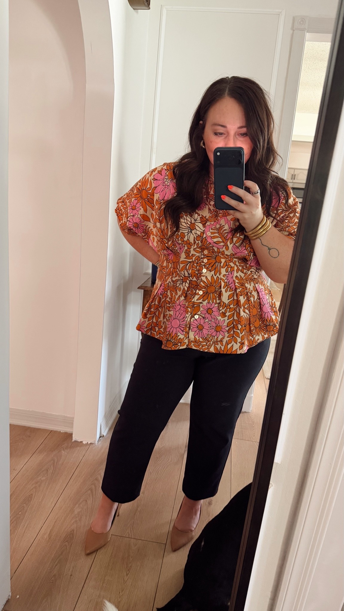 An easy way to make black work pants feel a lot less boring 🌸 blouse, pants, and shoes are TTS.

#LTKootd #LTKMidsize #LTKWorkwear