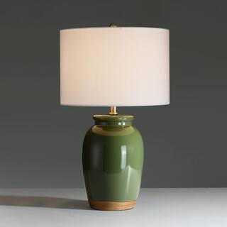 TRUE FINE 23 in. 3-Way Green Ceramic Table Lamp with White Drum Shade 210017T - The Home Depot | The Home Depot
