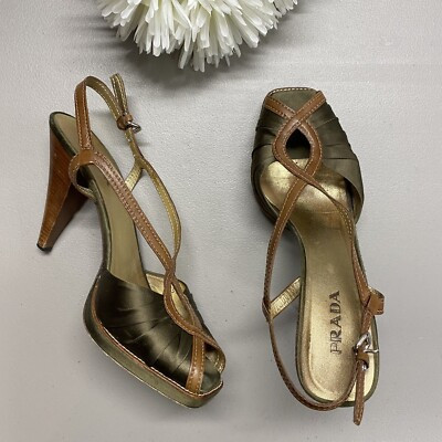 Prada Heel Olive Green Satin Brown Leather Strap Slingback Shoe Peep Toe Size 41  | eBay | eBay US