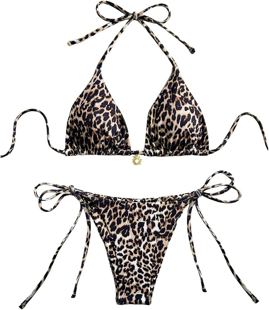 SHENHE Women's String Bikini Set Leopard Print Halter Triangle Side Tie Cheetah Swimsuits 2 Piece | Amazon (US)