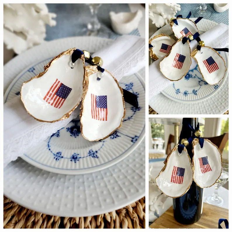 US Flag Oyster Shell Napkin Holders, Set of Ornaments, Bottle Toppers, 4th of July Table Decor an... | Etsy (Global)