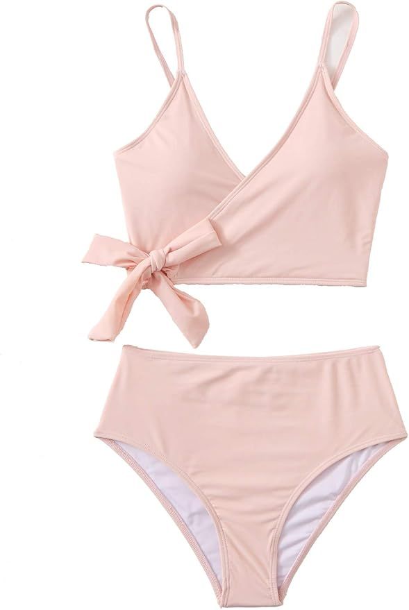 SweatyRocks Women's Two Pieces Swimsuit Solid Color Tie Side Top High Waisted Bikini Set | Amazon (US)