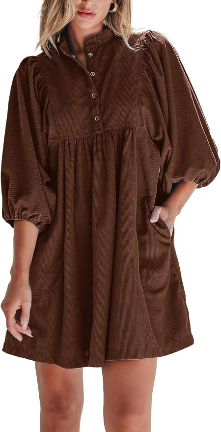 Women Corduroy Dresses Casual Loose Fall Winter Mini Babydoll Dress | Amazon (US)