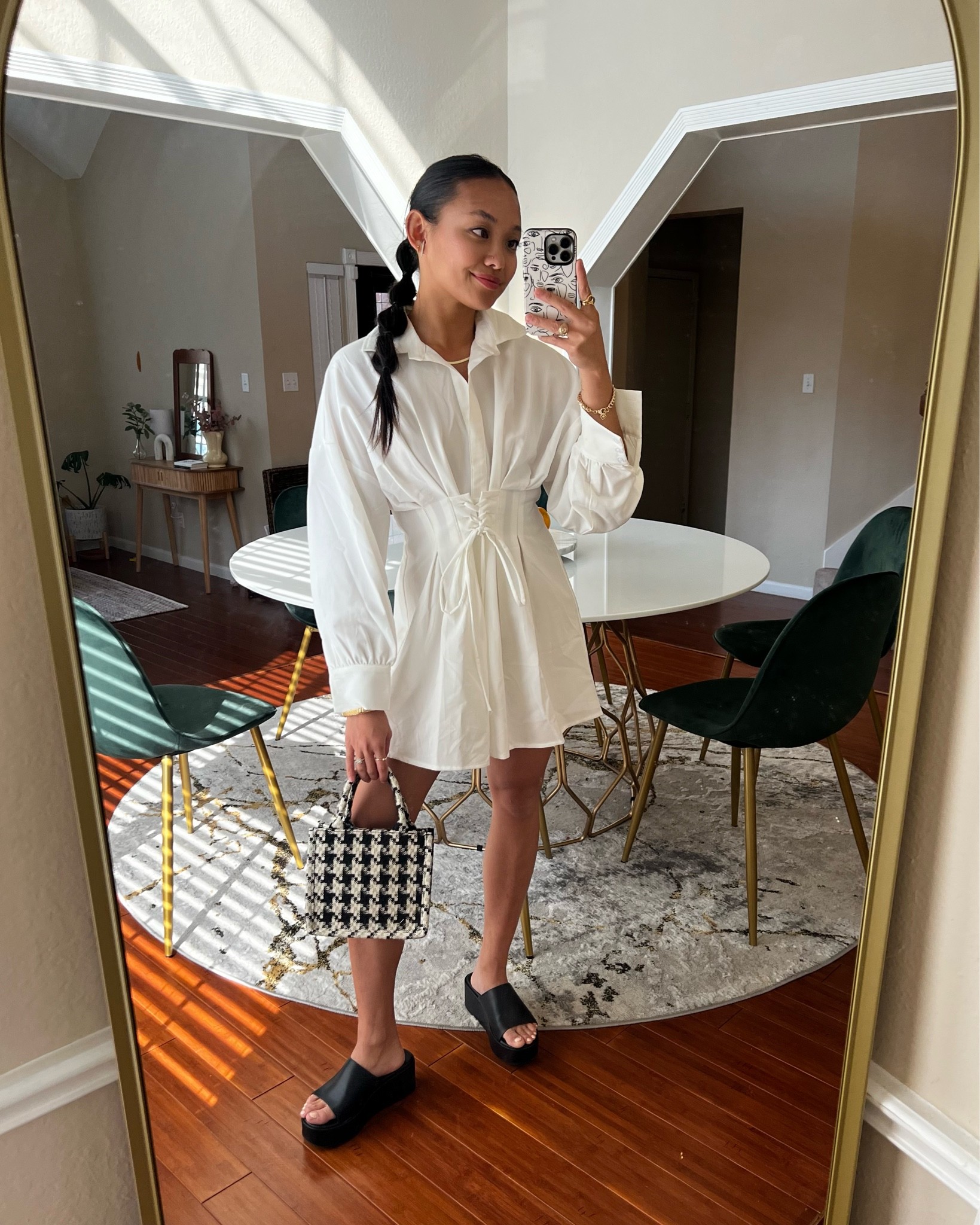 White shirt dress, corset dress, houndstooth bag, platform heels // date night outfit, dinner outfit, summer to fall, fall transition, meir, ameirylife 

#LTKstyletip #LTKSeasonal #LTKCon
