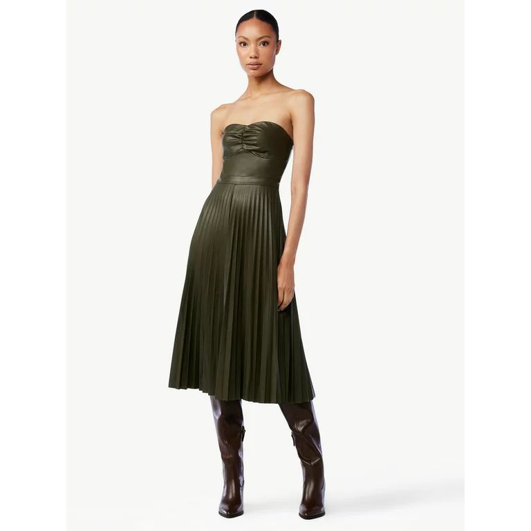 Scoop Women's Faux Leather Strapless Pleated Midi Dress - Walmart.com | Walmart (US)