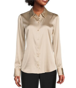 Yana Button Front Point Collar Long Sleeve Stretch Silk Charmeuse Blouse | Dillard's