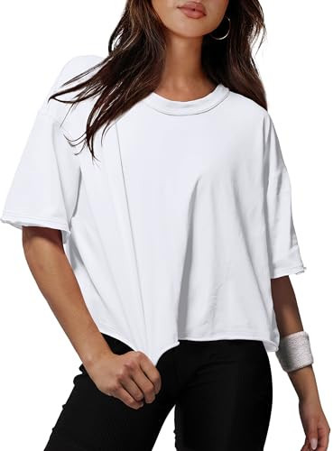 White Crop Tops Women's Summer Short Sleeve Drop Shoulder Cotton T-Shirts Workout Oversized Tops M | Amazon (US)