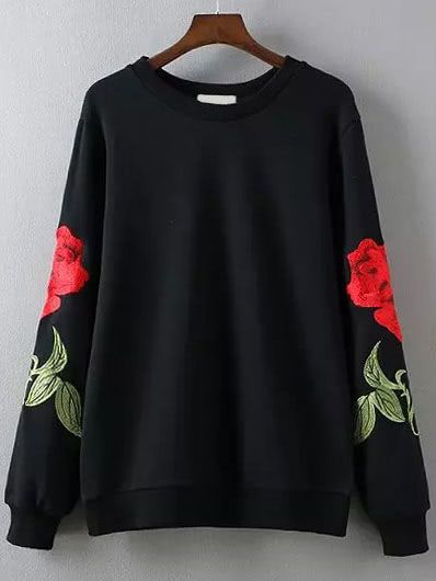 Black Rose Embroidery Round Neck Sweatshirt | SHEIN